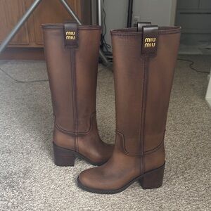 Brown Leather Tall Block-Heel Boots 35